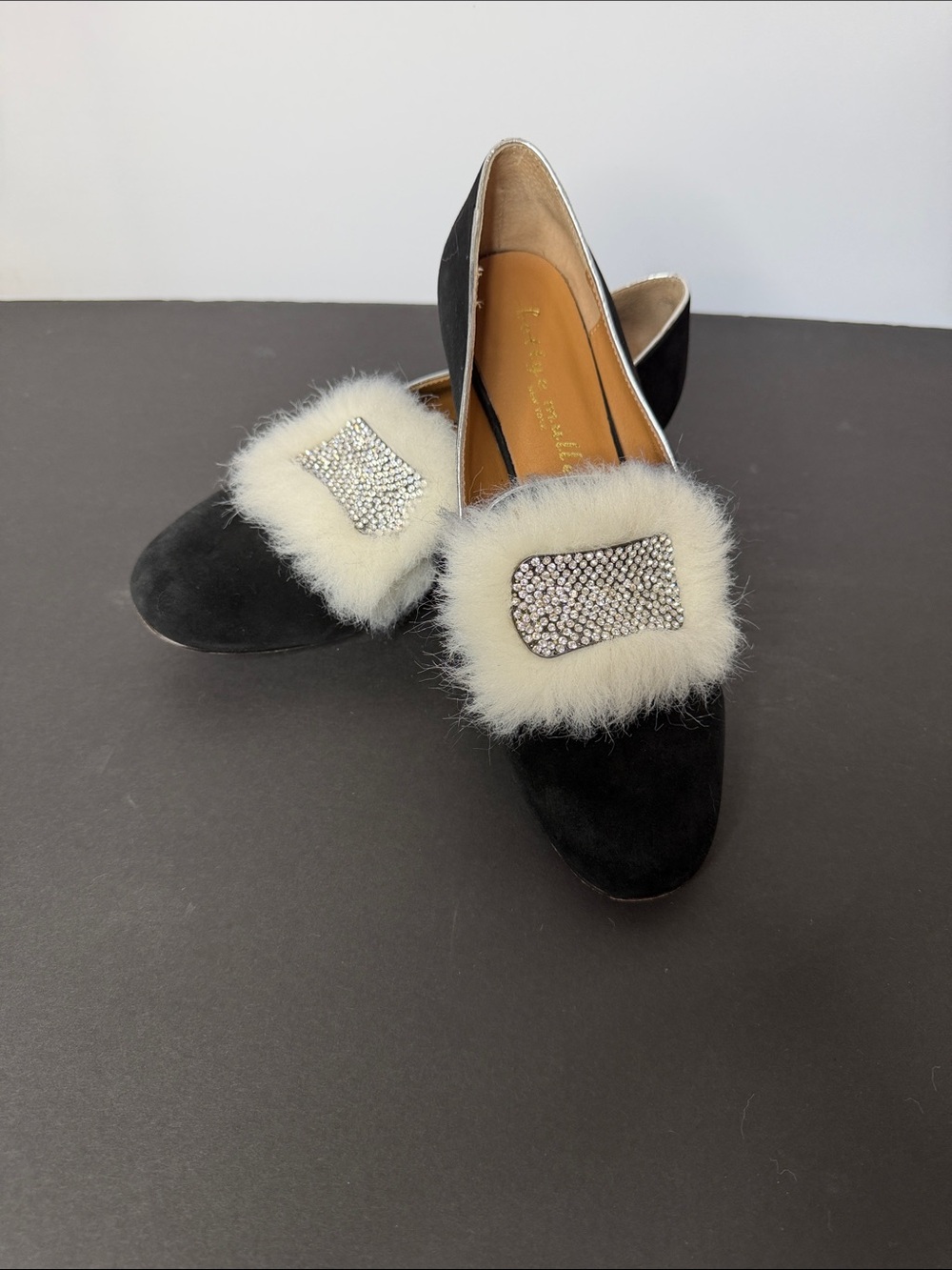 bettye muller Black Suede Flats with White Fur Pom and Crystal Accent